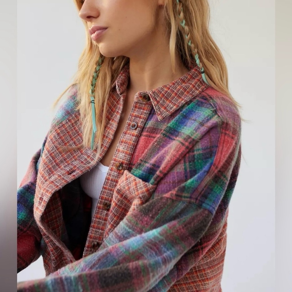 UO Patchwork BDG Robbie Spliced Flannel Button-Do… - image 3